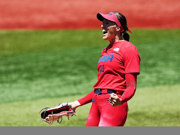 Jul 25, 2021; Yokohama, Japan; Team United States starting pitcher Monica Abbott (14) celebrates after a strike out in the sixth inning with bases loaded against Australia during the Tokyo 2020 Olympic Summer Games at Yokohama Baseball Stadium.